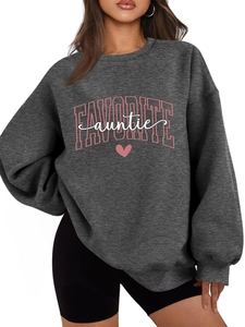 Detail of dark grey fleece sweatshirt with Favorite Auntie text and pink heart design