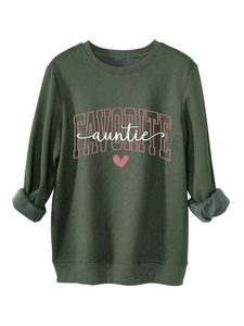 Detail of green fleece sweatshirt with pink Favorite Auntie print and heart graphic