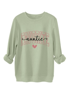 Close-up of Favorite Auntie print on sage green fleece sweatshirt with ribbed cuffs