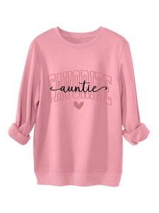 Close-up of pink crewneck sweatshirt with Favorite Auntie print and rolled cuff detail
