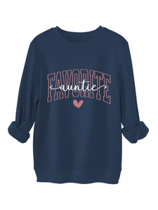 Detail of Favorite Auntie print on navy fleece sweatshirt with soft texture and ribbed cuffs