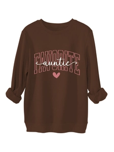 Detail view of coffee brown auntie sweatshirt with heart print and soft knit texture