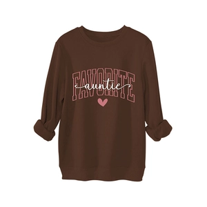 Thick brown crewneck sweatshirt with pink Favorite Auntie graphic and heart print