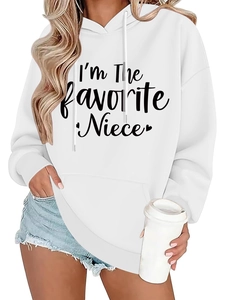 Detail of white hoodie featuring the 'I'm The favorite Niece' script and kangaroo pocket
