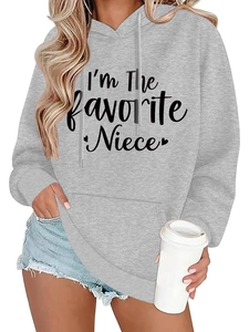 Detail of grey favorite niece print hoodie with kangaroo pocket and loose fit