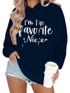 Detail view of the navy blue favorite niece hoodie with kangaroo pocket and ribbed cuffs