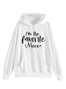 Close-up of the black I'm The Favorite Niece text and heart graphics on the white hoodie
