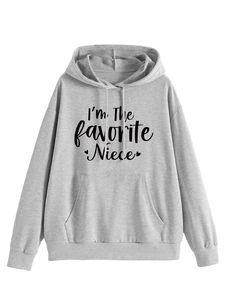 Detail of grey favorite niece hoodie showing kangaroo pocket and black text print