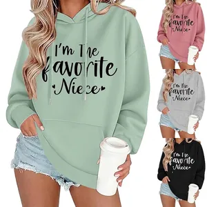 Women Hoodie Combed Cotton I'm The Favorite Niece Letter Print Heart Long Sleeve Drawstring Kangaroo Pocket Loose Fit Casual Novelty