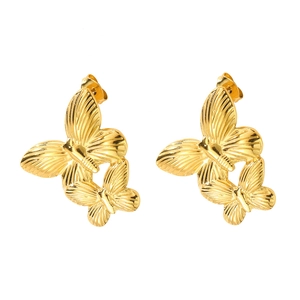 Golden butterfly stud earrings in stainless steel featuring double layered wings design