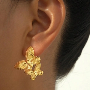 Stainless Steel Double Butterfly Stud Earrings Elegant Textured Wing Jewelry For Women Light Luxury Sweet Style