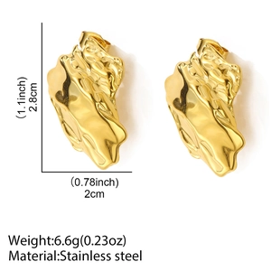 Detailed view of irregular gold stainless steel earrings with size and weight dimensions