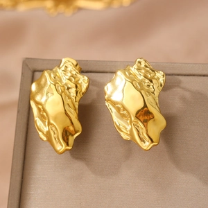 Chic golden stainless steel earrings with molten lava texture in a minimalist design