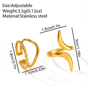 Macro detail of adjustable 18K gold plated stainless steel ring set with dimensions