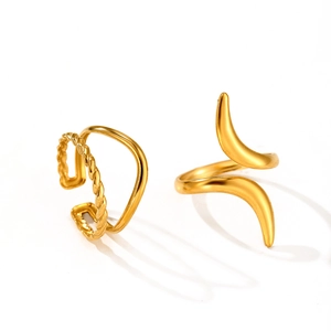 18K gold plated stainless steel adjustable ring set with twisted texture and geometric design