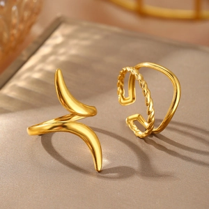 Minimalist 18K gold plated stainless steel adjustable ring and ear cuff set