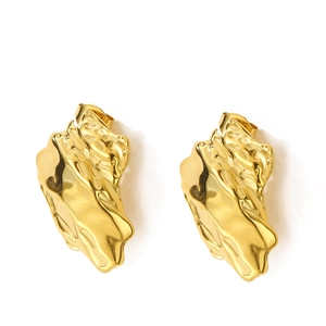 Modern gold stainless steel earrings with irregular molten lava texture and high polish