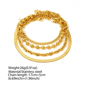 Detailed view of four stainless steel chain bracelets with weight and size specifications