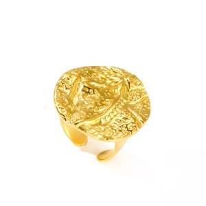Adjustable golden stainless steel ring with vintage irregular hammered lava texture