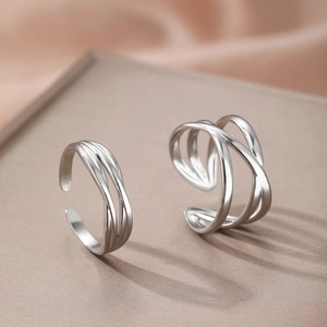 Minimalist silver multi-layer stackable open rings with smooth geometric metal finish