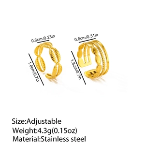 Detail view of adjustable gold stainless steel rings with shell textures and measurements