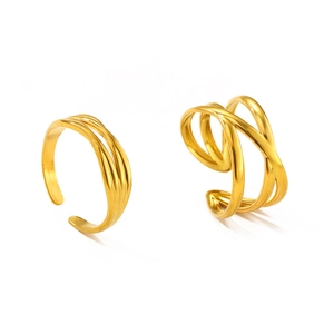 Minimalist gold-plated stainless steel stackable geometric rings set with adjustable open band
