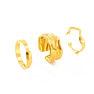 Three-piece set of gold irregular wrinkled and minimalist open rings in stainless steel