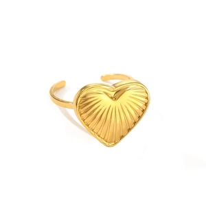 Polished golden heart-shaped stainless steel ring with radial texture and open adjustable band