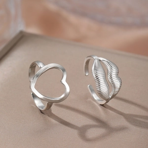 Minimalist silver stainless steel open rings with heart and lip designs for women