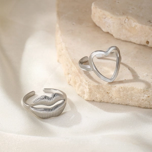 Minimalist silver stainless steel open rings with heart and lip designs for women