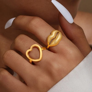 Lips And Heart Open Rings Stainless Steel Adjustable Minimalist Fashion Jewelry For Women