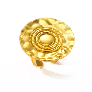 Adjustable golden hammered ring with circular disc design in 316 stainless steel