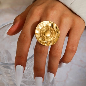 316 Stainless Steel Statement Ring Large Round Concentric Circle Hammered Texture Irregular Design Adjustable Ring For Women