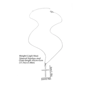 Detailed view of silver stainless steel cross pendant with chain dimensions and weight