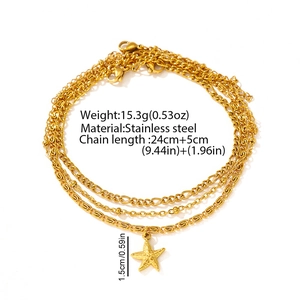 Detailed view of 3-piece gold stainless steel layered anklet set with starfish pendant
