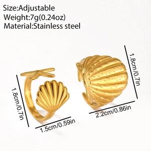 Detailed size specifications for adjustable starfish and shell rings in stainless steel