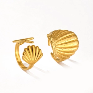 Gold starfish and seashell rings set for women featuring summer beach holiday style