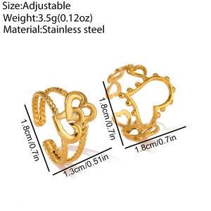 Detail showing dimensions and material of gold heart-shaped adjustable stainless steel rings