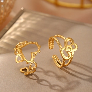 Ins style adjustable gold heart rings with hollow patterns and braided band texture