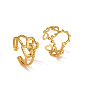 Golden heart-shaped stainless steel open rings with twisted rope and hollow designs