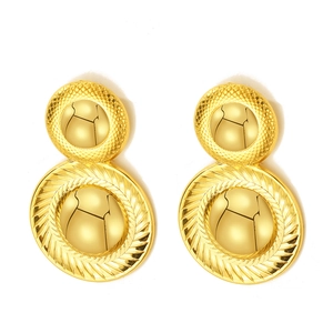 Vintage golden stainless steel textured disc drop earrings with sunburst and honeycomb patterns