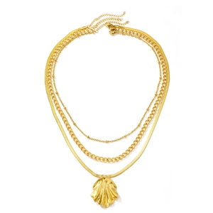 Three-layer gold necklace set with beaded chain and wrinkled leaf pendant for women