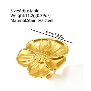 Detail of 18K gold stainless steel sunflower ring with adjustable band and 4cm floral diameter