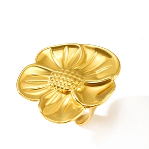 Luxurious 18K gold plated sunflower open ring with textured petals and matte finish