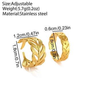 Detailed view of 18K gold plated stainless steel leaf rings showing weight and dimensions