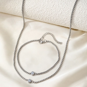 Elegant gold-plated stainless steel box chain necklace and bracelet set with single zircon