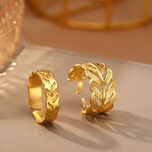 French vintage 18K gold plated stainless steel leaf rings in a two-piece adjustable set