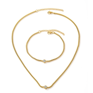 Minimalist gold plated stainless steel jewelry set with round solitaire pendant and box chain