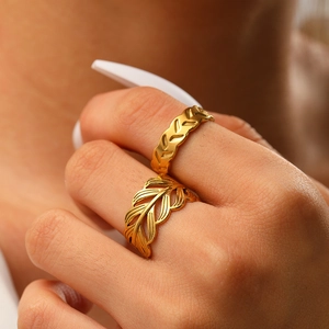 Stainless Steel Leaf Ring And Wheat Ear Ring For Women Adjustable Open Jewelry French Retro 18K Gold Plated Natural Style