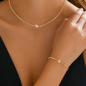 Stainless Steel Jewelry Set For Women Gold Plated Solitaire Round Cubic Zirconia Necklace And Bracelet Box Chain Minimalist Simple Accessories
